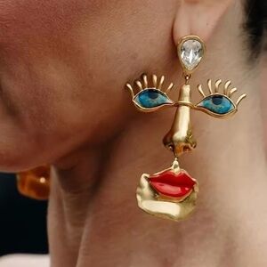 Visage Surrealism Gold Blue Eyes Earrings